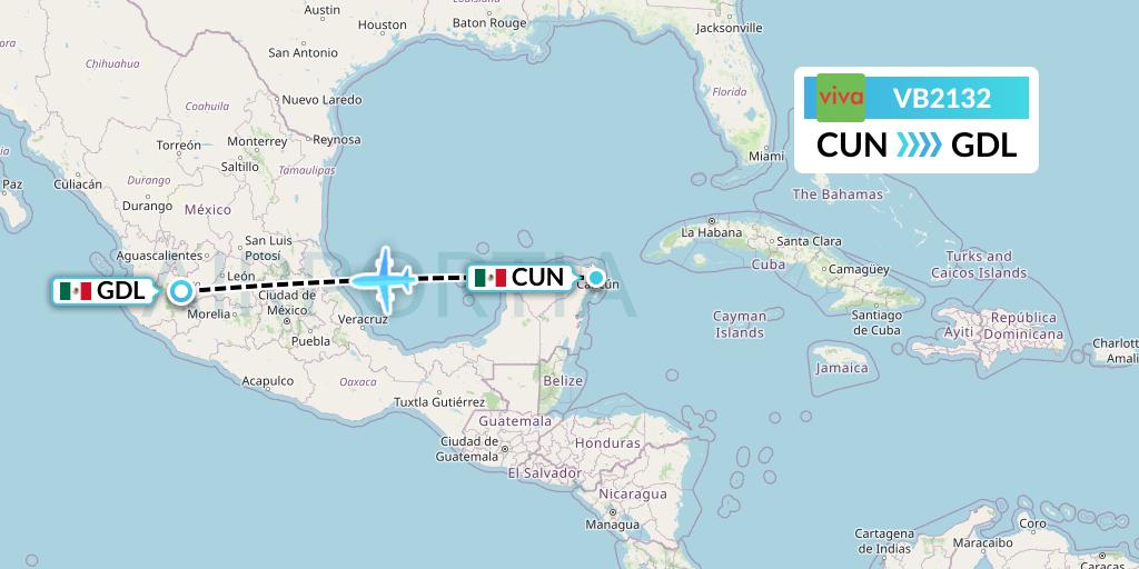 VB2132 VivaAerobus Flight Map: Cancun to Guadalajara