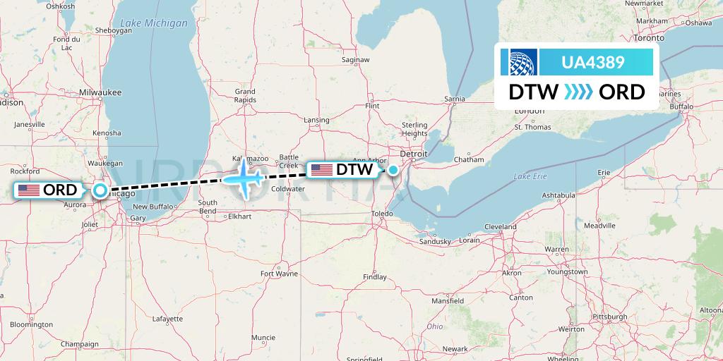 UA4389 United Airlines Flight Map: Detroit to Chicago