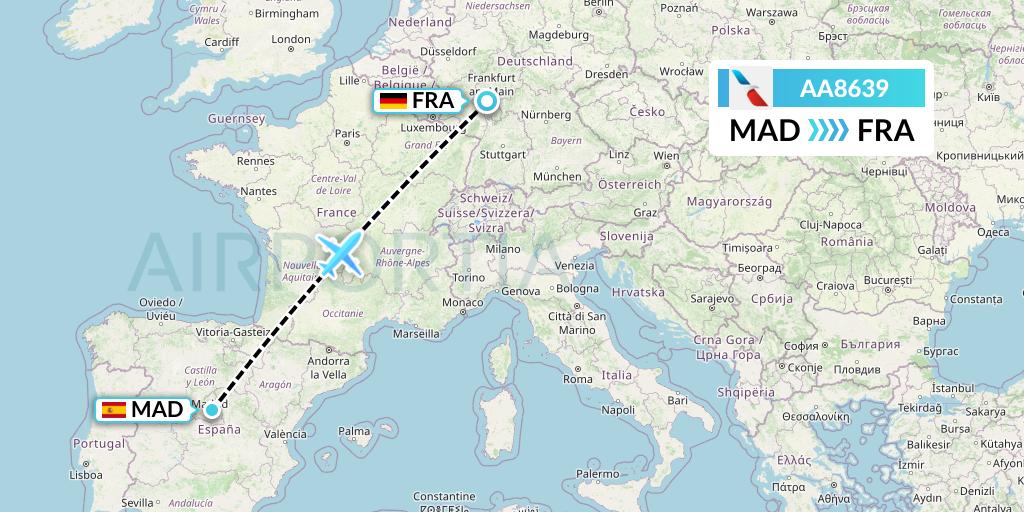 AA8639 American Airlines Flight Map: Madrid to Frankfurt