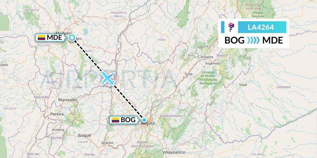 LA4264 LAN Airlines Flight Map: Bogota to Medellin