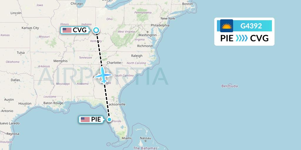 G4392 Allegiant Air Flight Map: St. Petersburg to Cincinnati
