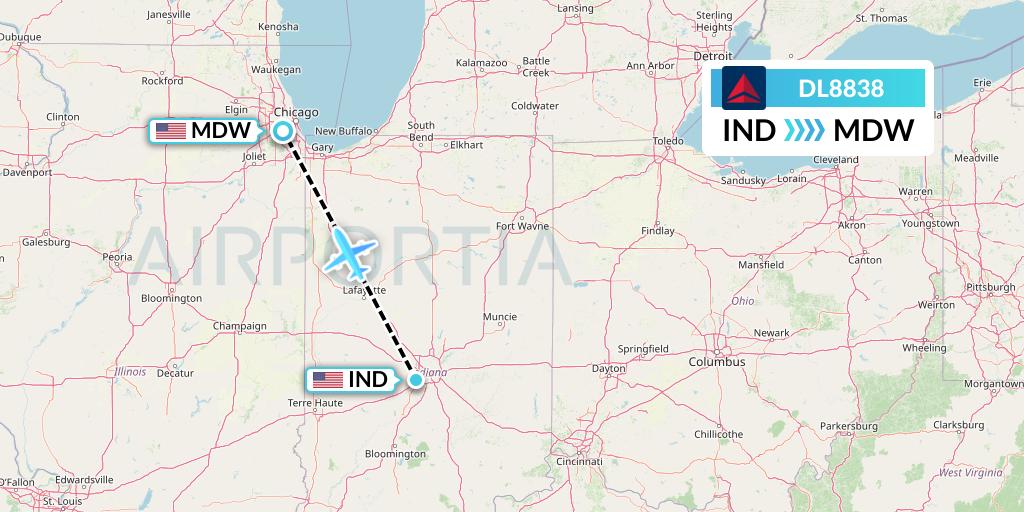 DL8838 Delta Air Lines Flight Map: Indianapolis to Chicago