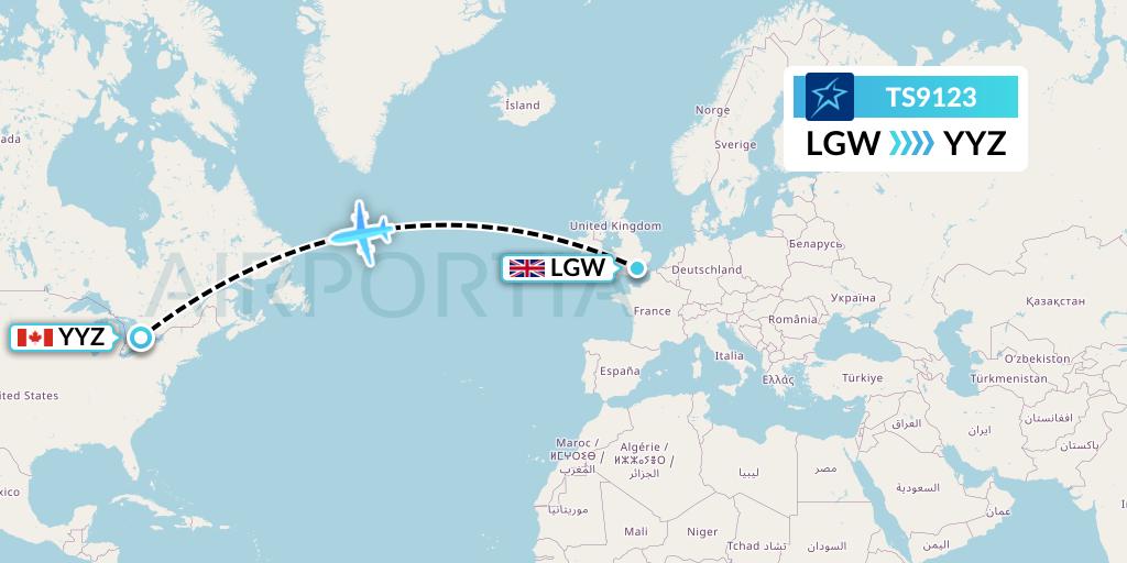TS9123 Air Transat Flight Map: London to Toronto