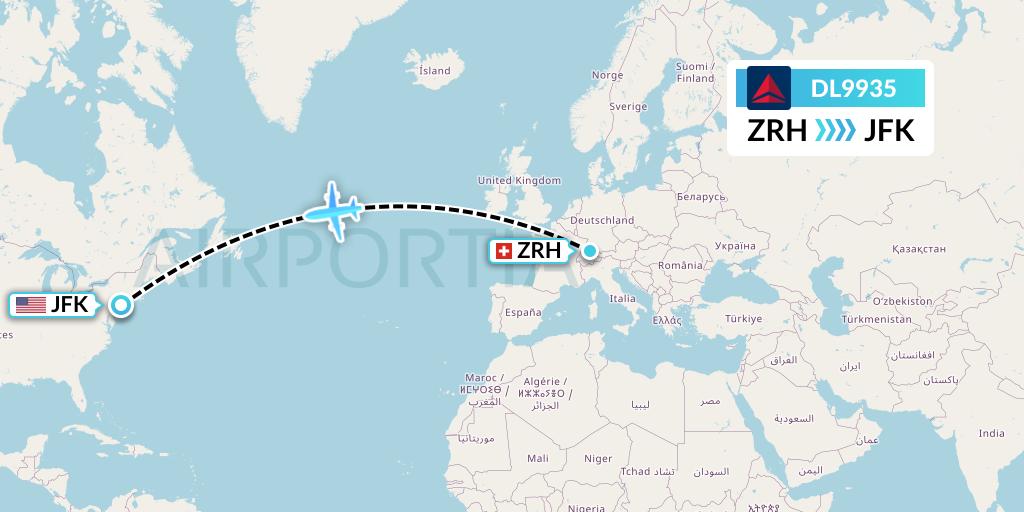 DL9935 Delta Air Lines Flight Map: Zurich to New York