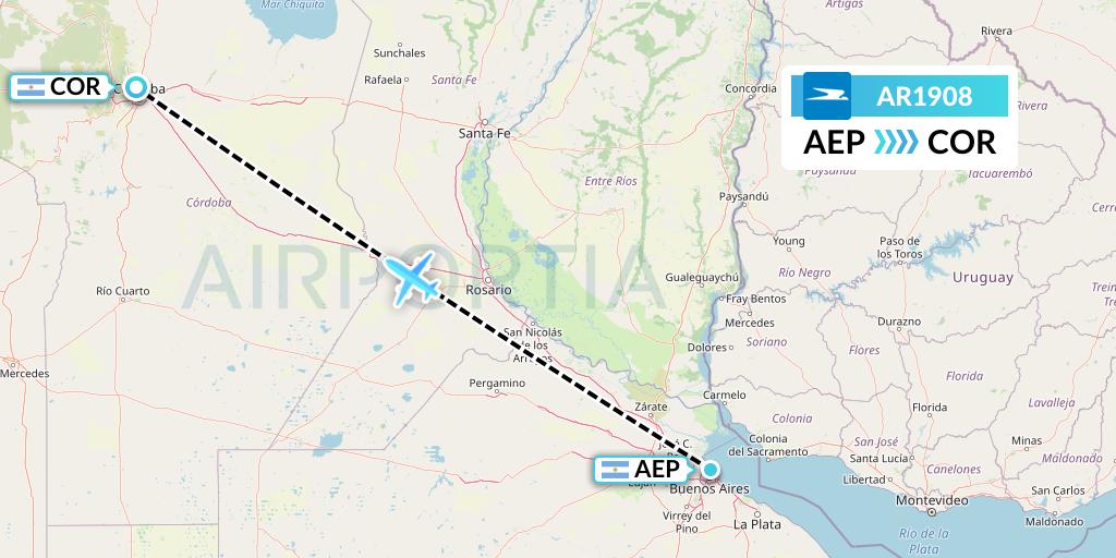 AR1908 Aerolineas Argentinas Flight Map: Buenos Aires to Cordoba