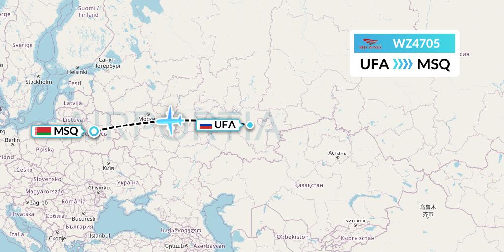 WZ4705 Red Wings Flight Map: Ufa to Minsk