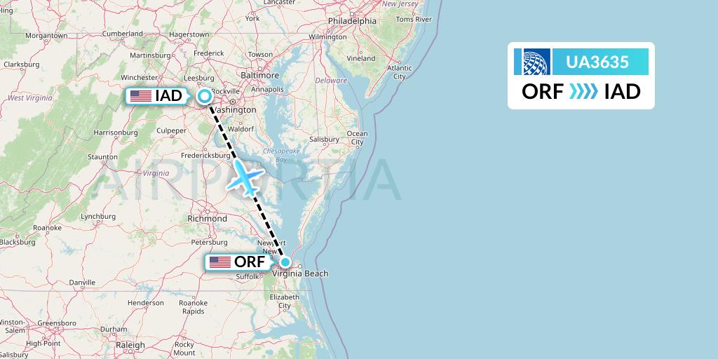 UA3635 United Airlines Flight Map: Norfolk to Washington