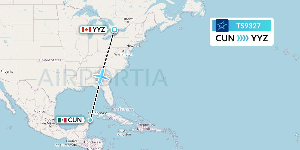 TS9327 Air Transat Flight Map: Cancun to Toronto