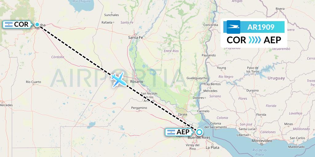 AR1909 Aerolineas Argentinas Flight Map: Cordoba to Buenos Aires