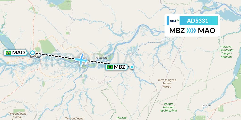 AD5331 Azul Brazilian Airlines Flight Map: Maues to Manaus