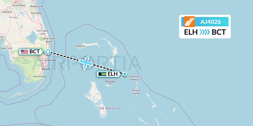 AJ4026 Aztec Airways Flight Map: North Eleuthera to Boca Raton