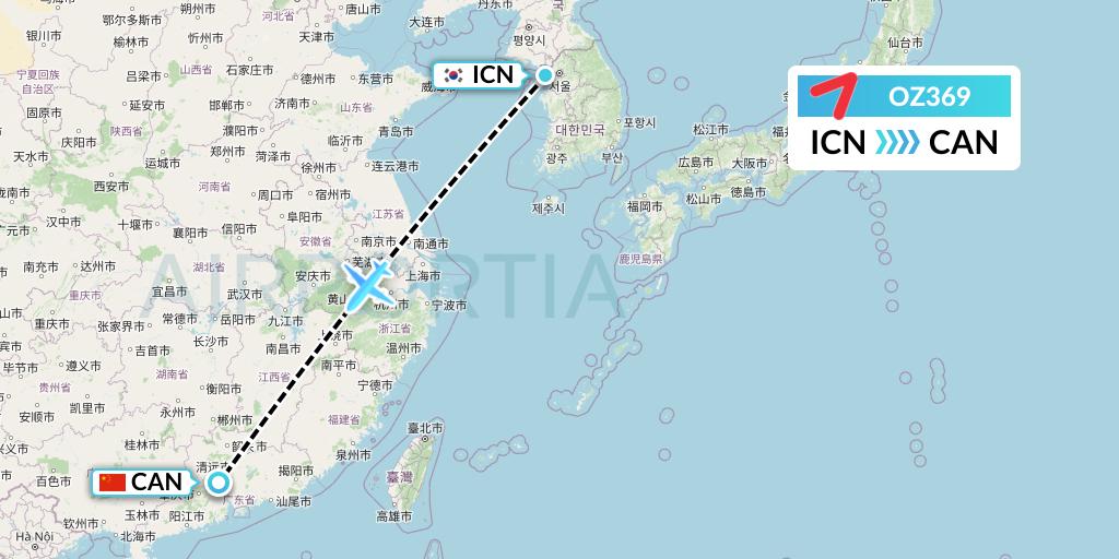 OZ369 Asiana Airlines Flight Map: Seoul to Guangzhou