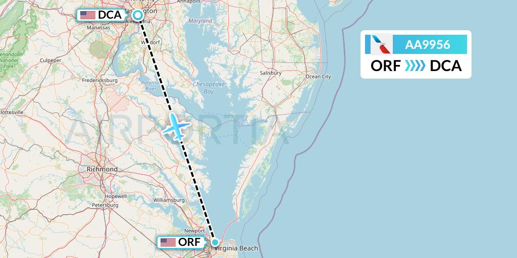 AA9956 American Airlines Flight Map: Norfolk to Washington