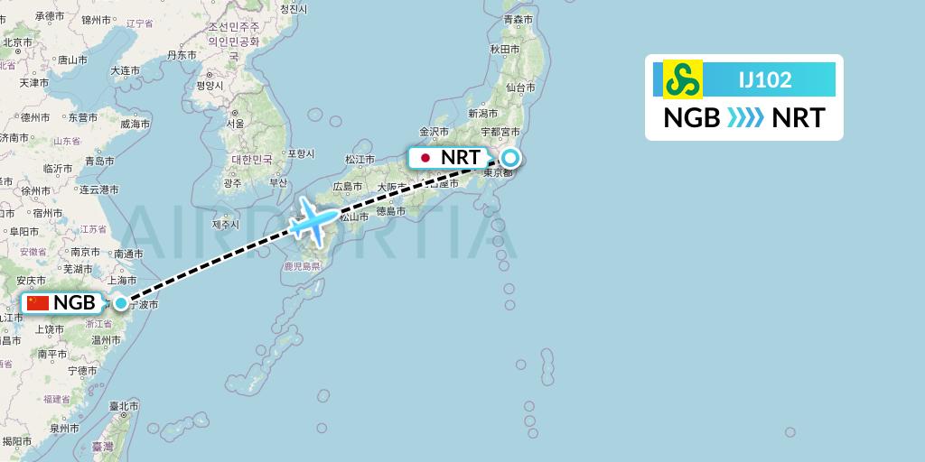 IJ102 Spring Airlines Japan Flight Map: Ningbo to Tokyo