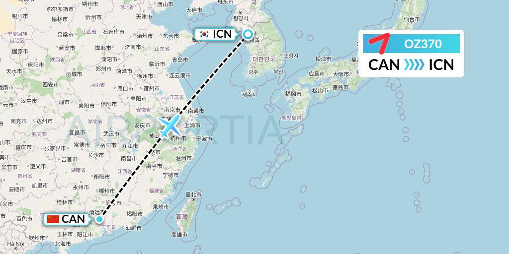 OZ370 Asiana Airlines Flight Map: Guangzhou to Seoul