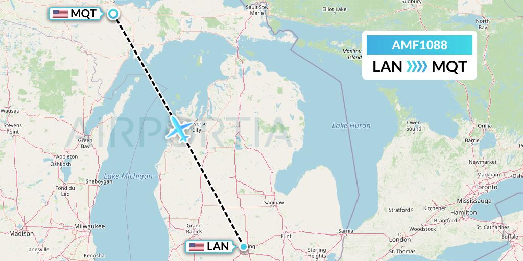 AMF1088 Ameriflight Flight Map: Lansing to Marquette