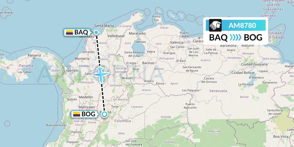 AM8780 Aeromexico Flight Map: Barranquilla to Bogota
