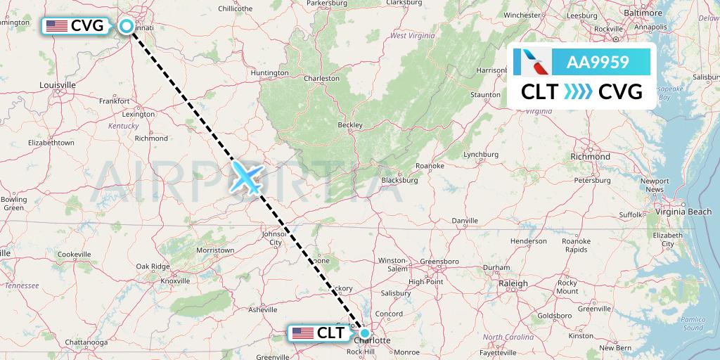 AA9959 American Airlines Flight Map: Charlotte to Cincinnati
