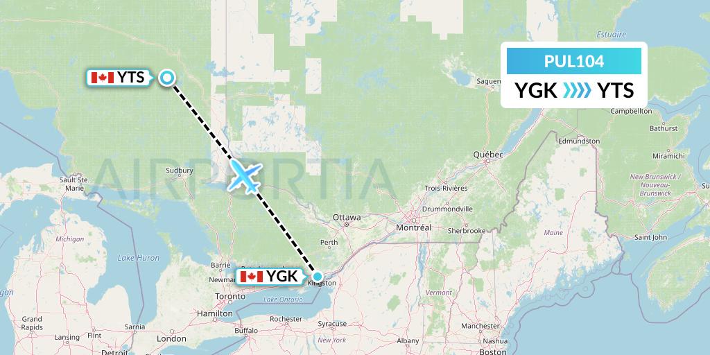 PUL104 Ornge Air Flight Map: Kingston to Timmins