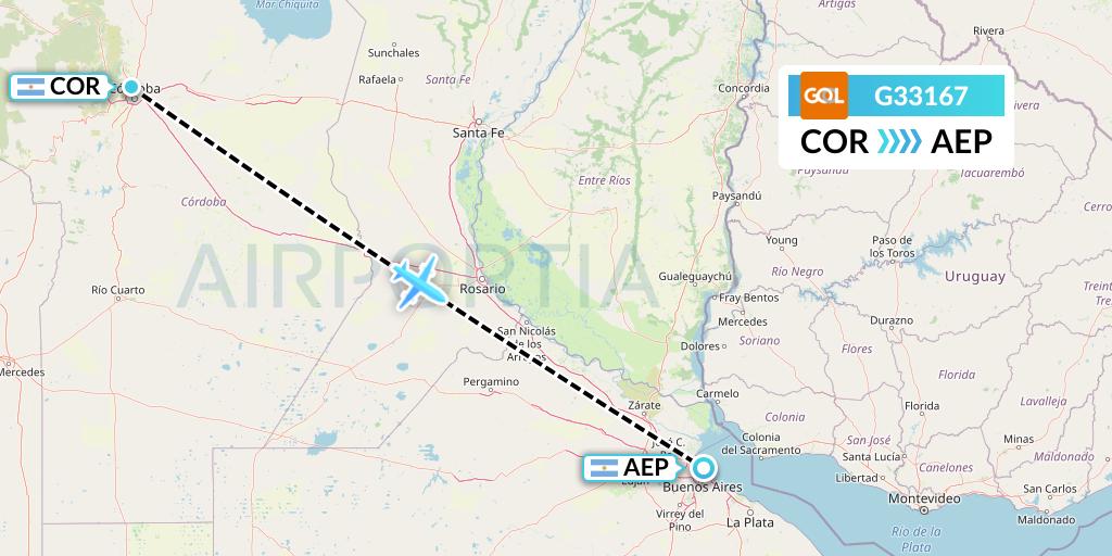 G33167 GOL Transportes Aeros Flight Map: Cordoba to Buenos Aires