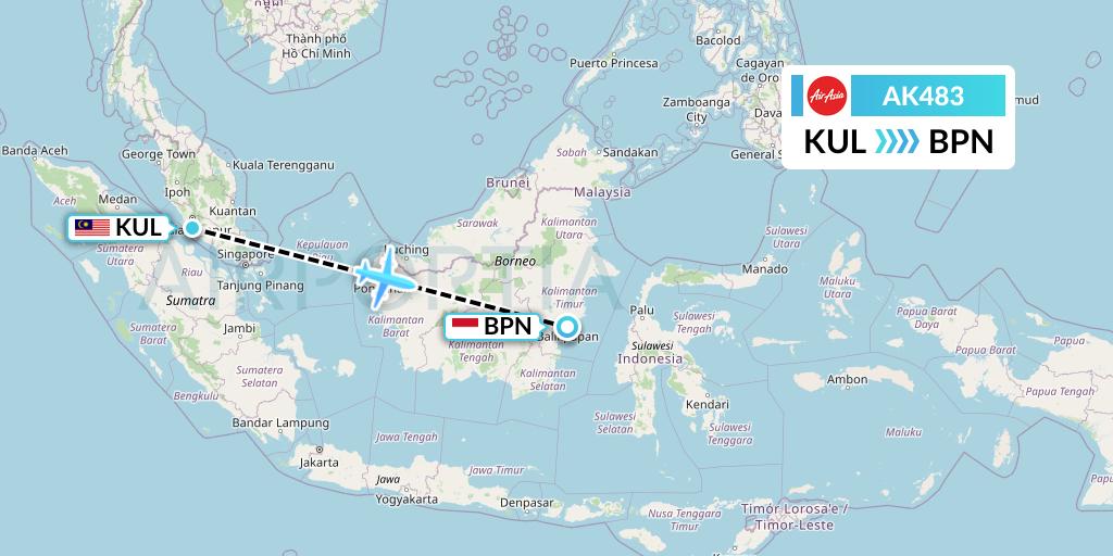 AK483 AirAsia Flight Map: Kuala Lumpur to Balikpapan