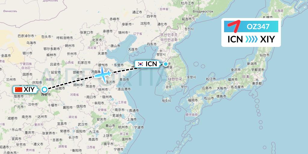 OZ347 Asiana Airlines Flight Map: Seoul to Xi'an