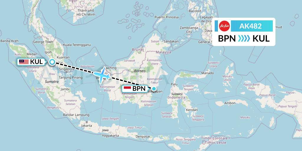 AK482 AirAsia Flight Map: Balikpapan to Kuala Lumpur