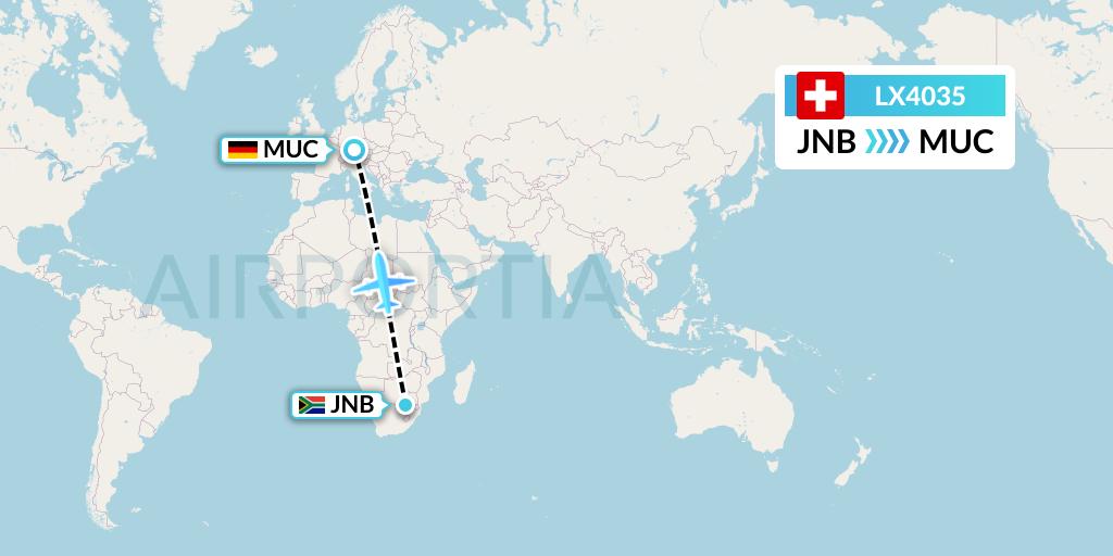 LX4035 Swiss Flight Map: Johannesburg to Munich