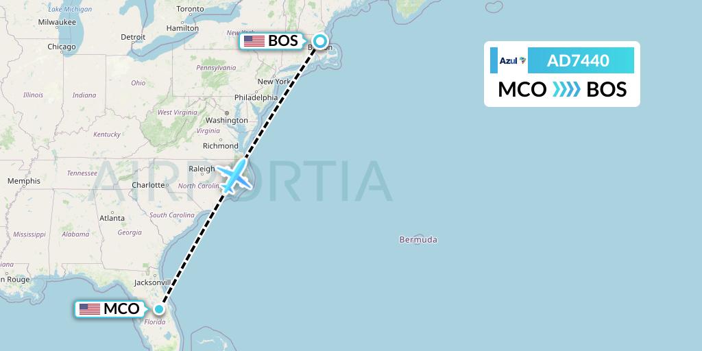 AD7440 Azul Brazilian Airlines Flight Map: Orlando to Boston