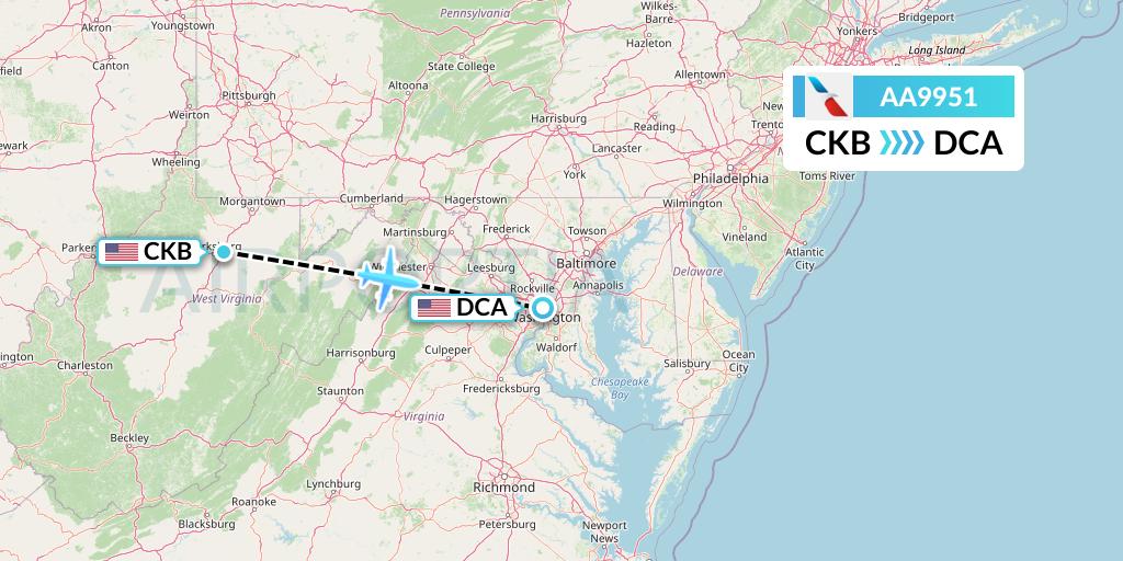 AA9951 American Airlines Flight Map: Clarksburg to Washington
