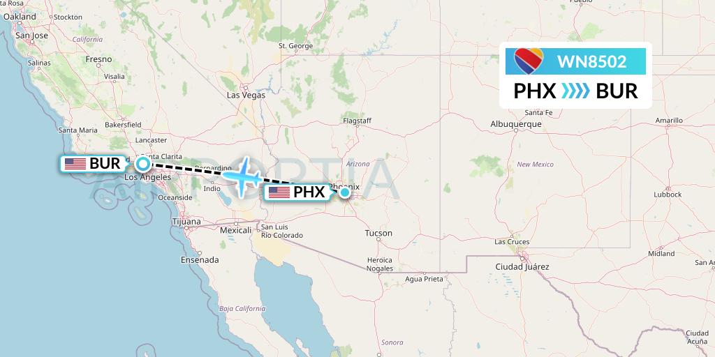 WN8502 Southwest Airlines Flight Map: Phoenix to Burbank
