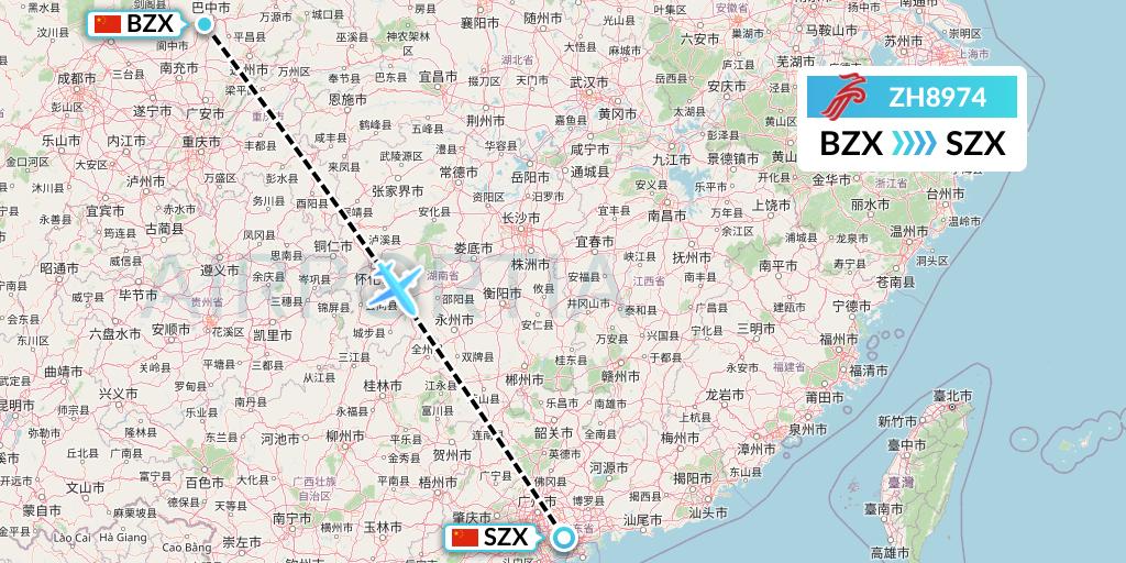 ZH8974 Shenzhen Airlines Flight Map: Guangyuan to Shenzhen