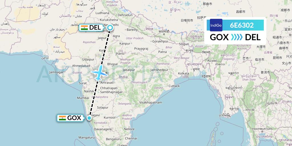 6E6302 IndiGo Airlines Flight Map: Goa to Delhi