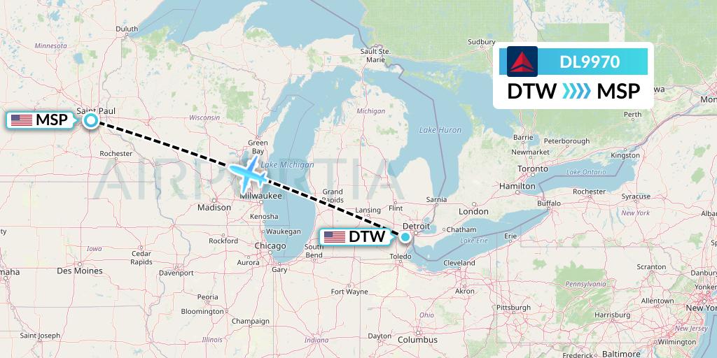 DL9970 Delta Air Lines Flight Map: Detroit to Minneapolis