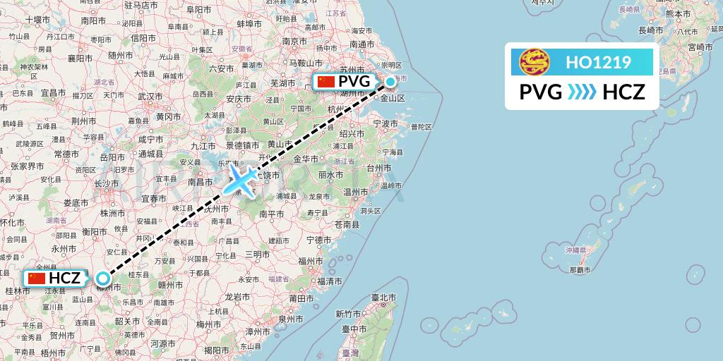 HO1219 Juneyao Airlines Flight Map: Shanghai to Shaoguan