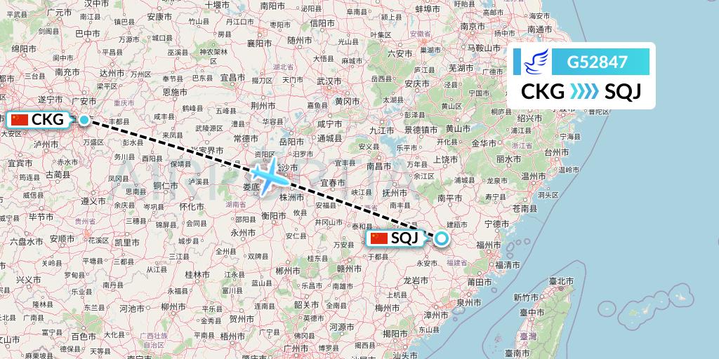 G52847 China Express Airlines Flight Map: Chongqing to Fuzhou