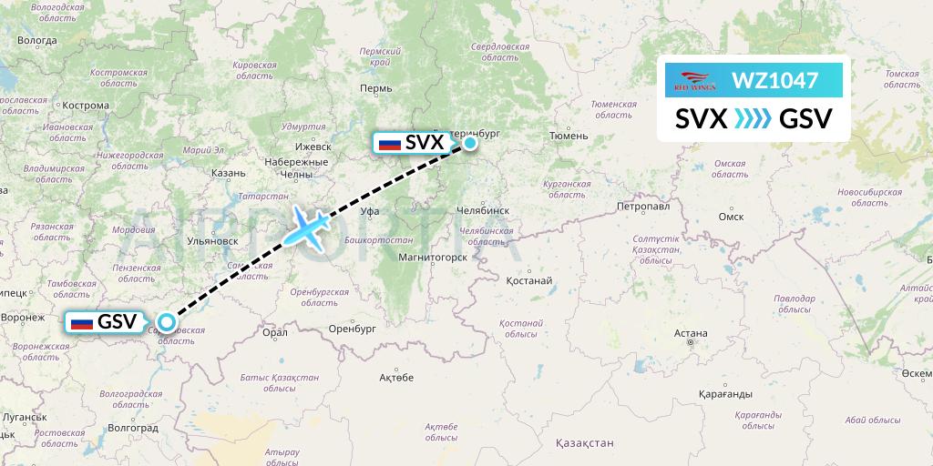 WZ1047 Red Wings Flight Map: Yekaterinburg to Saratov