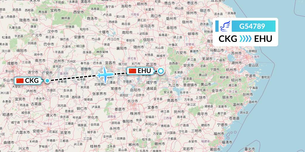 G54789 China Express Airlines Flight Map: Chongqing to Wuhan