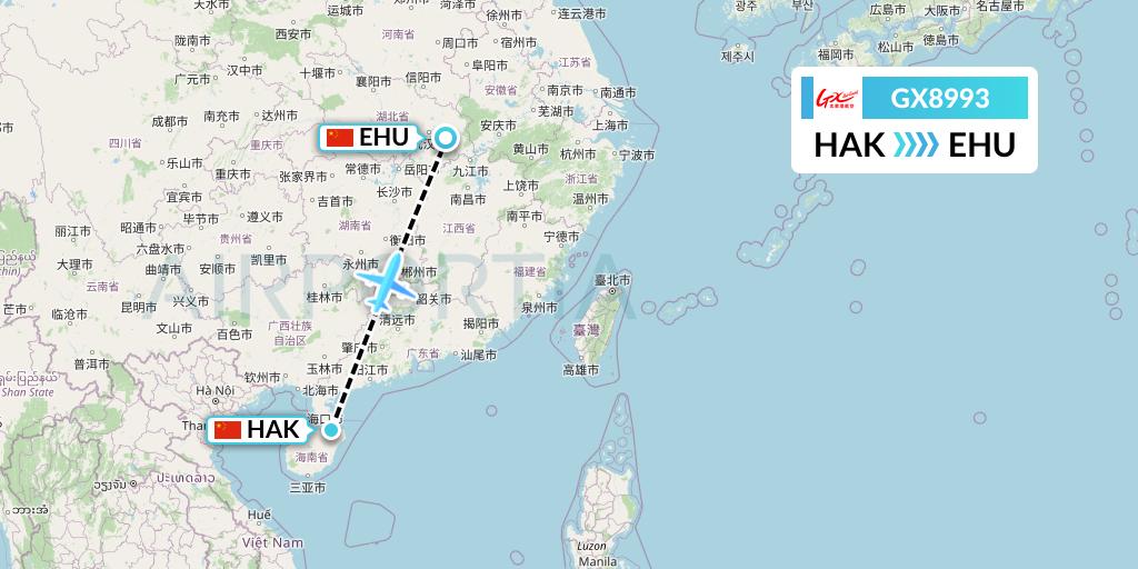 GX8993 GX Airlines Flight Map: Haikou to Wuhan