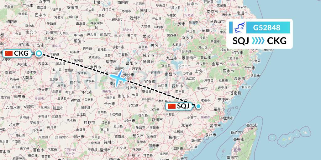G52848 China Express Airlines Flight Map: Fuzhou to Chongqing