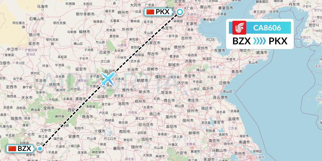 CA8606 Air China Flight Map: Guangyuan to Beijing