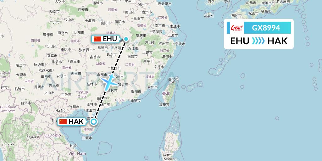 GX8994 GX Airlines Flight Map: Wuhan to Haikou
