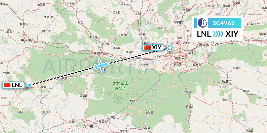 SC4962 Shandong Airlines Flight Map: Tianshui to Xi'an