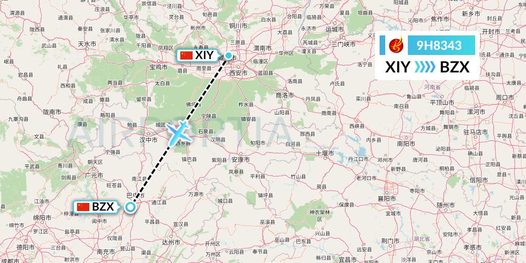 9H8343 Air Changan Flight Map: Xi'an to Guangyuan