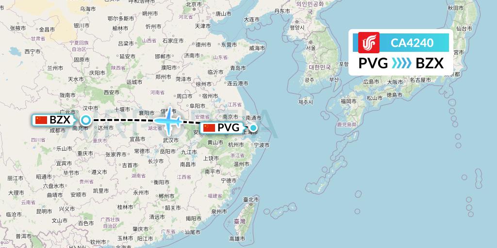 CA4240 Air China Flight Map: Shanghai to Guangyuan