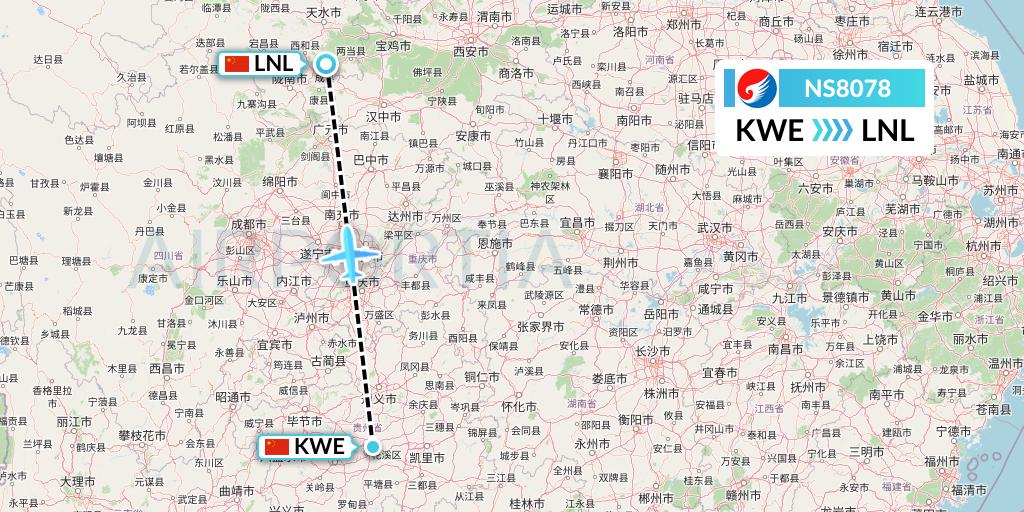 NS8078 Hebei Airlines Flight Map: Guiyang to Tianshui