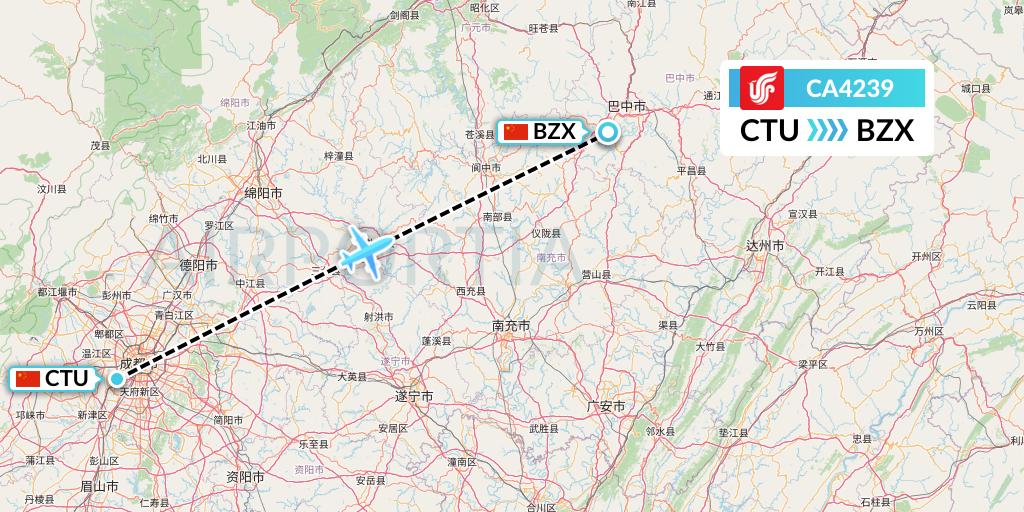 CA4239 Air China Flight Map: Chengdu to Guangyuan