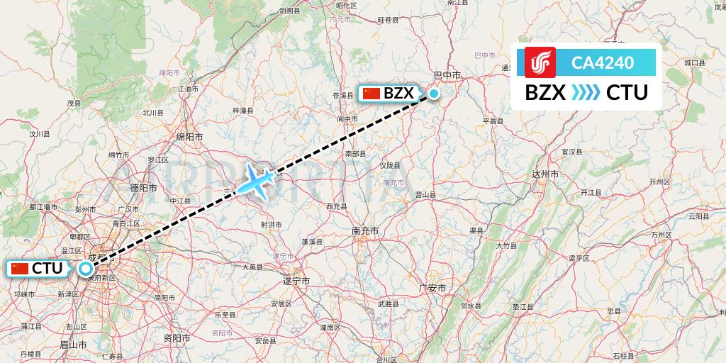 CA4240 Air China Flight Map: Guangyuan to Chengdu