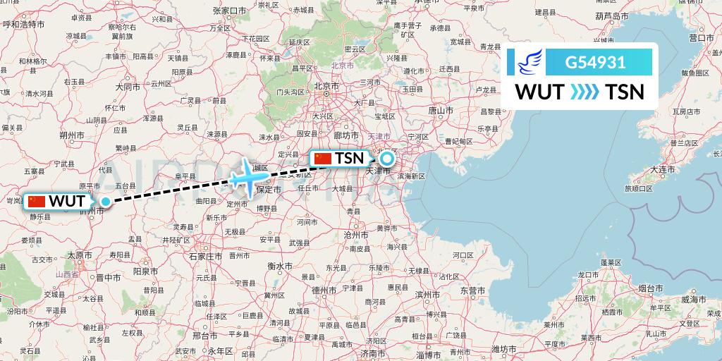 G54931 China Express Airlines Flight Map: Taiyuan to Tianjin