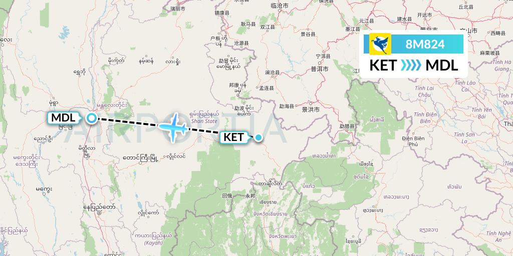 8M824 Myanmar Airways International Flight Map: Kengtung to Mandalay